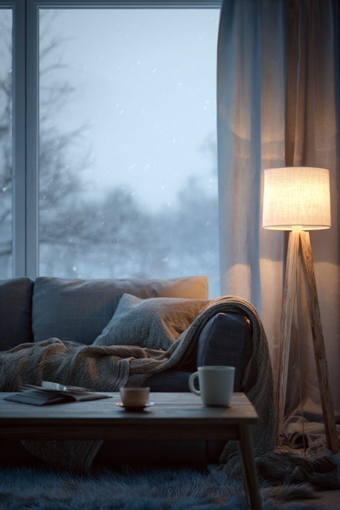 Cozy Scandinavian living room corner with a fabric shade floor lamp glowing next to a sofa, blanket, coffee table and snowy winter evening window view