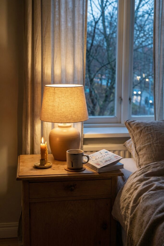 A warm small Scandinavian bedroom nightstand styling featuring a glowing ceramic lamp, a lit taper candle, a mug on a coaster, and a book titled 'Lagom' by the window with beige linen curtains at twilight.