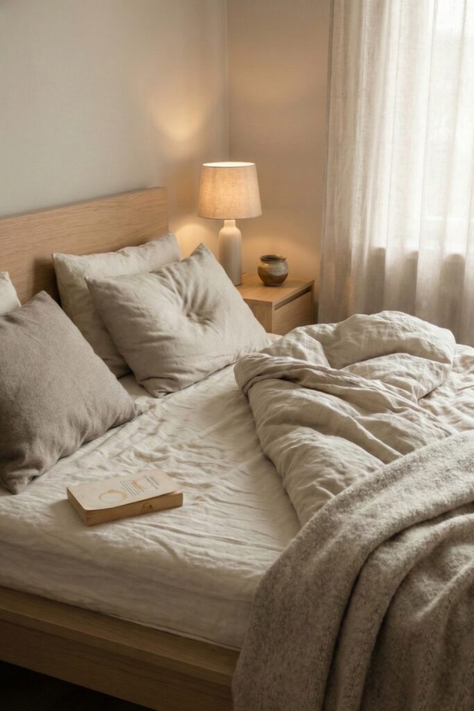 A warm and cozy Scandinavian small bedroom corner featuring a light oak bed dressed in beige linen bedding and a chunky knit throw blanket. A wooden nightstand next to the bed holds a glowing ceramic table lamp and a small rustic pot. An open book rests on the mattress.