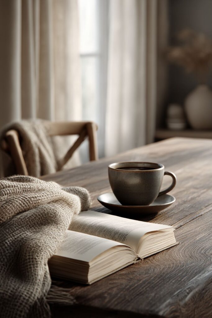 Cozy reading scene with an open book, a ceramic coffee cup, a wooden table, and a soft woven blanket in warm natural light.