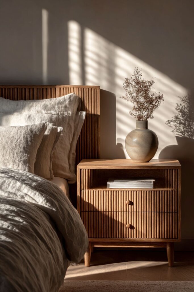 Cozy Scandinavian bedroom corner with a wooden nightstand, linen bedding, dried branches in a ceramic vase, and warm sunlight casting soft shadows.