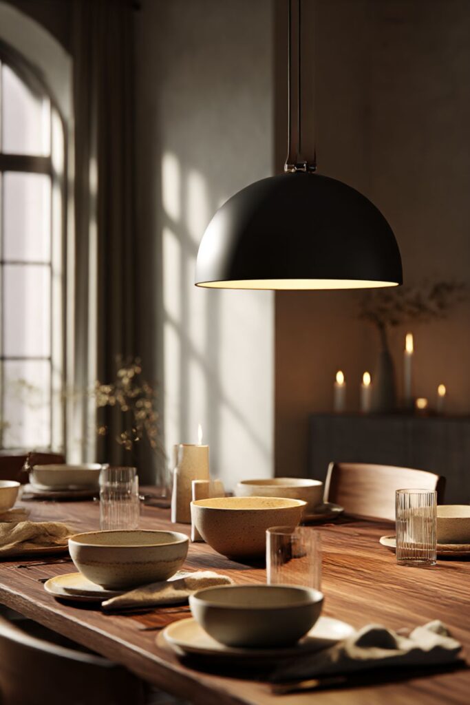 Warm Scandinavian dining room with a wooden table set for dinner, ceramic tableware, soft pendant lighting, and glowing candles creating a cozy evening atmosphere.