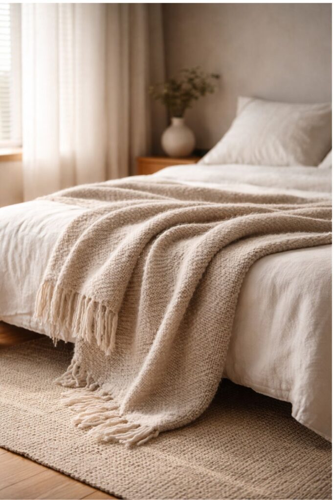 Cozy wool throw blanket draped over a white bed with linen curtains filtering soft daylight in a Scandinavian-style bedroom