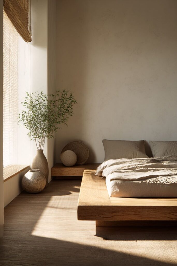 Japandi-style cozy bedroom with a low wooden bed, linen bedding, soft natural light, and minimalist decor in neutral tones