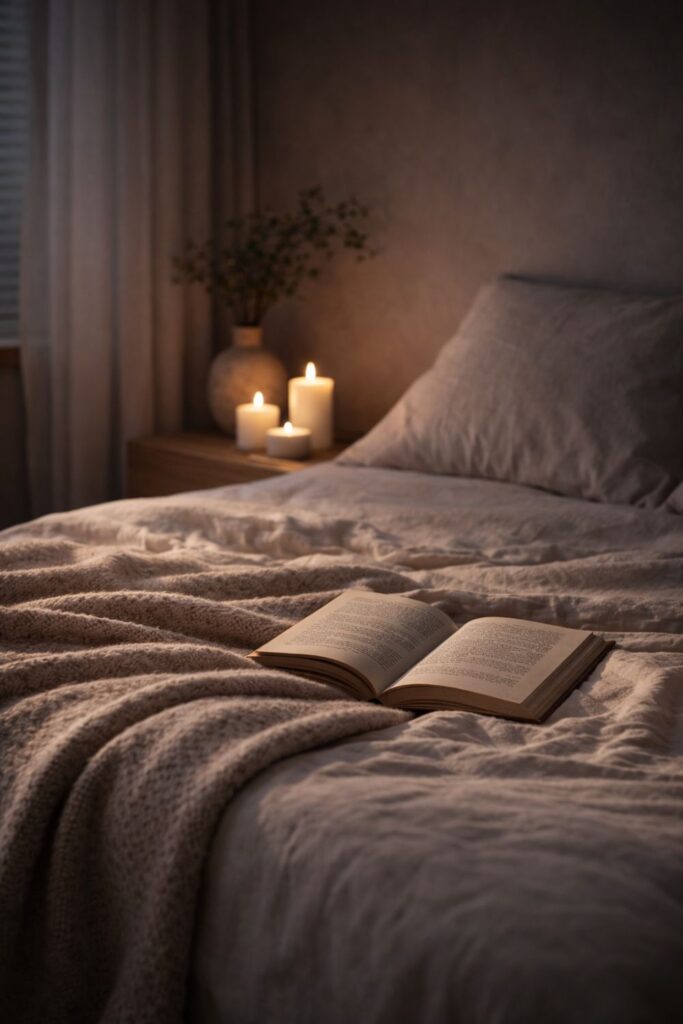Serene Scandinavian bedroom at dusk with candles glowing on a nightstand and an open book on the bed, creating a peaceful hygge atmosphere