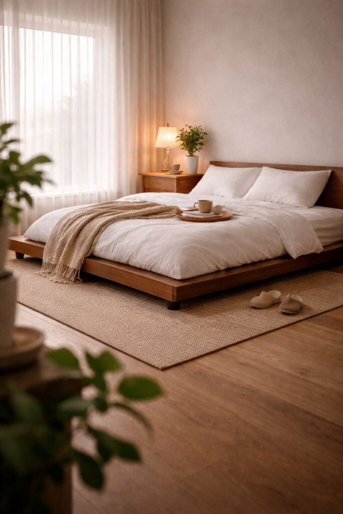 Scandinavian minimalist bedroom with walnut platform bed, white linen bedding and soft morning light creating a cozy hygge atmosphere