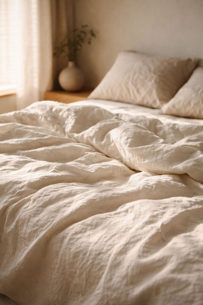 Close-up of rumpled white linen bedding in soft morning light, showcasing natural texture in a cozy Scandinavian-style bedroom
