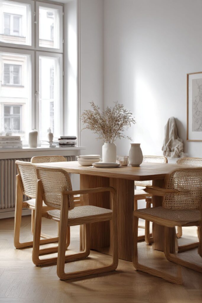 Bright Scandinavian dining room with a wooden table, woven rattan chairs, ceramic tableware, and dried grasses in soft natural light.