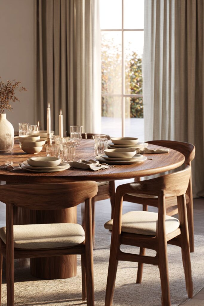 Scandinavian dining room featuring oval walnut dining table with wooden chairs and beige cushions in warm natural light. Hygge minimalist interior with neutral cream tones and elegant table setting.
