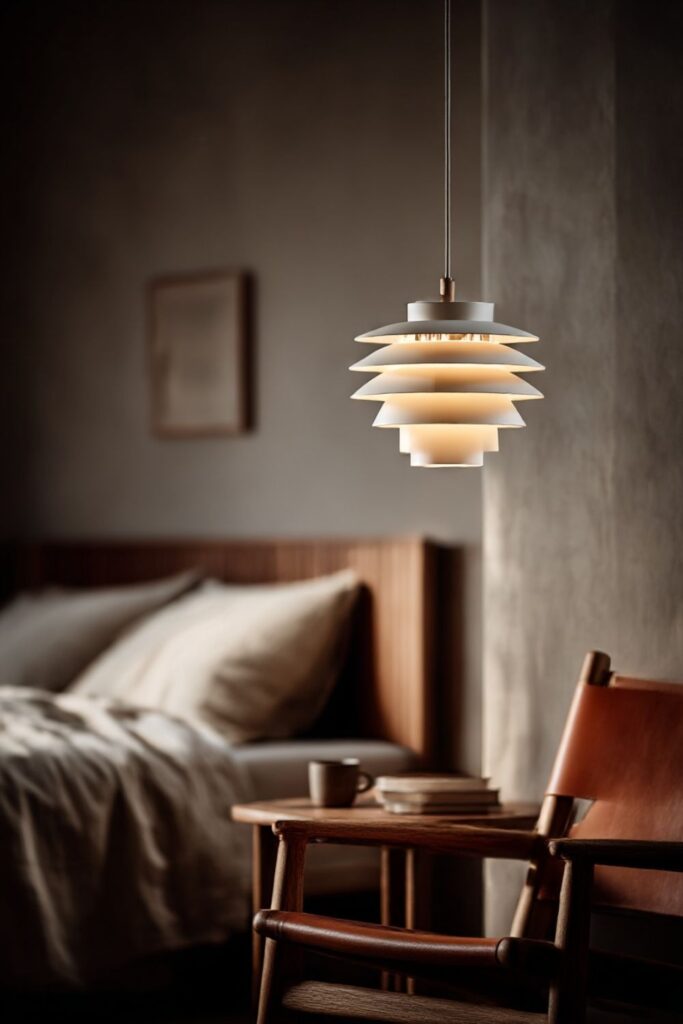 Scandinavian white pendant light with warm glow hanging beside a bed, cozy hygge bedroom with wooden furniture and soft evening lighting