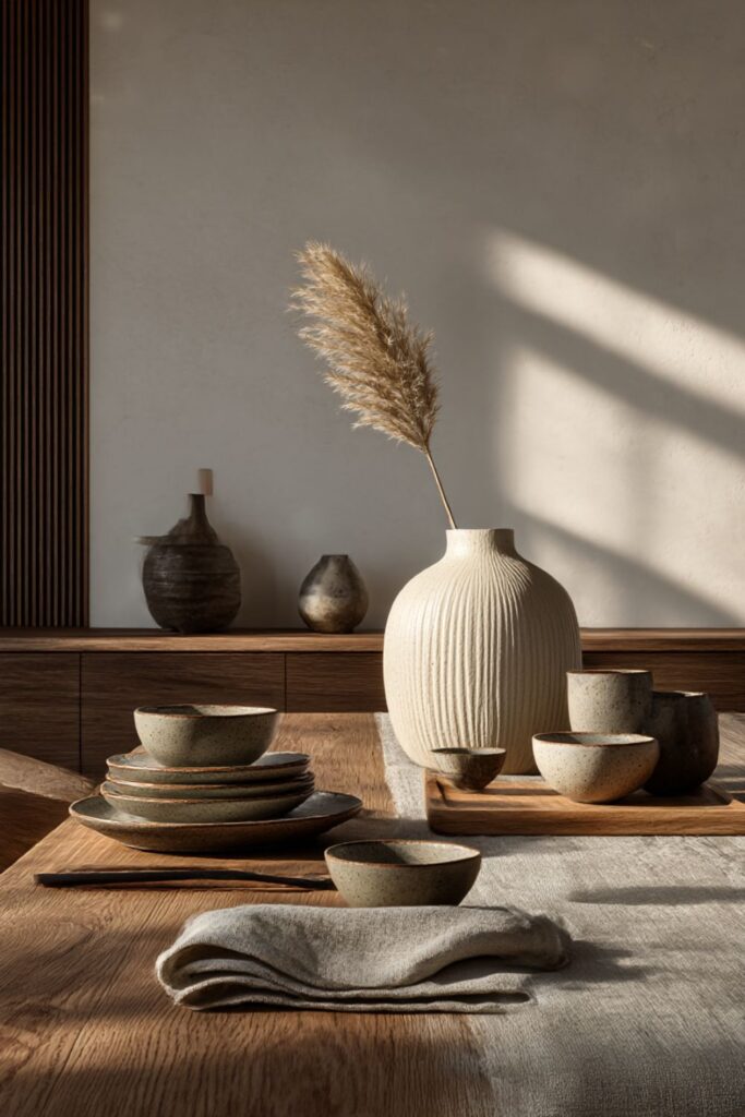 Rustic Scandinavian dining table with a linen runner, a large ceramic vase with dried pampas grass, and neatly arranged ceramic bowls, plates, and cups in warm natural light.