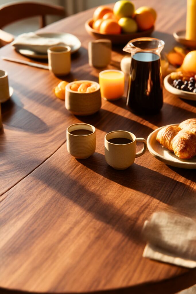 A naturally styled, abundant breakfast setup on an oval walnut dining table in soft natural light, featuring coffee cups, juice, croissants, fresh fruit, ceramic tableware, and a warm Japandi-inspired interior.